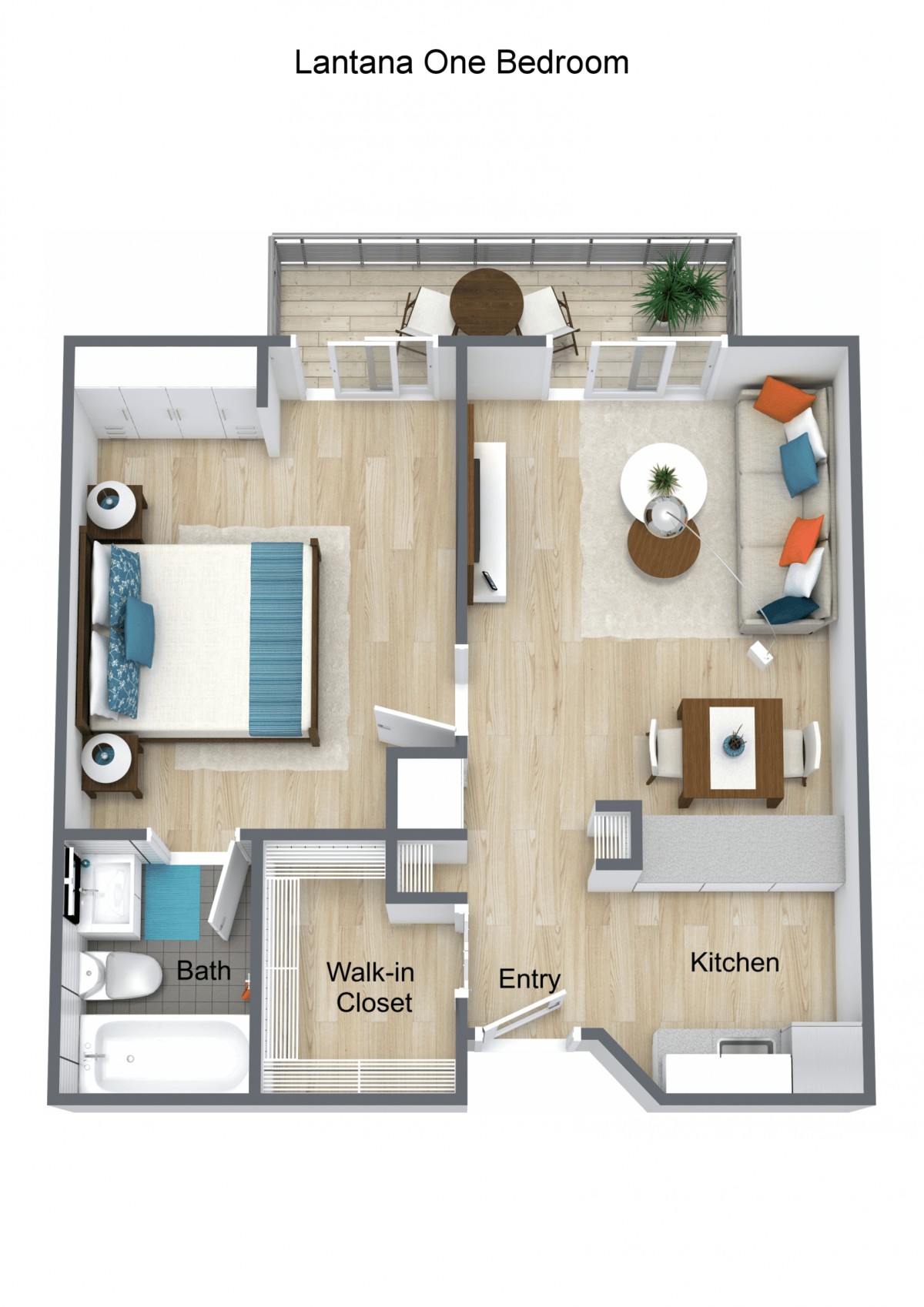 A one-bedroom apartment floor plan featuring a living room, kitchen, bathroom, walk-in closet, and a balcony.