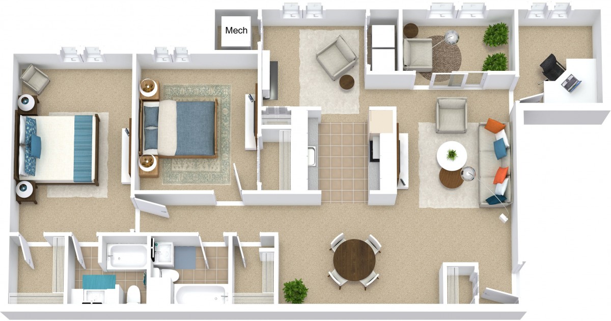 A detailed floor plan of a modern apartment featuring a bedroom, living room, kitchen, and bathroom.