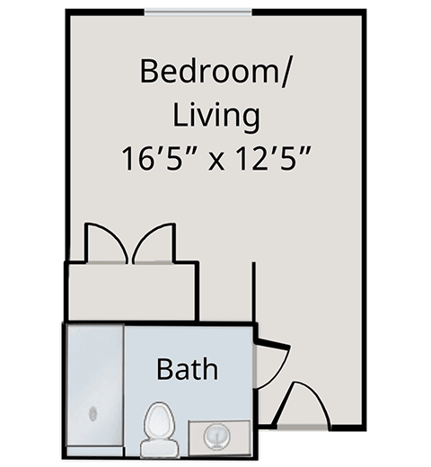 Studio apartment floor plan with dimensions for bedroom/living area and bath.