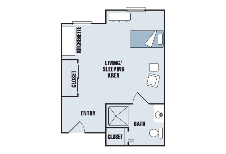 Studio apartment floor plan with living and sleeping area.