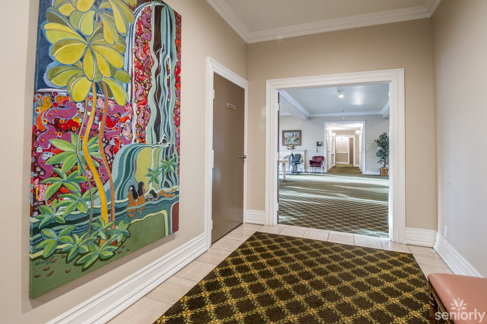 A hallway with colorful artwork on the walls, featuring a patterned carpet and a large mirror.