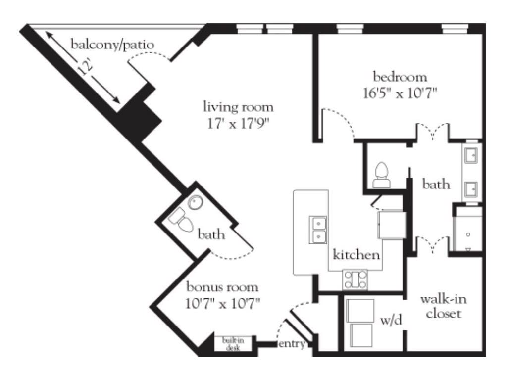 This is a floor plan of an apartment featuring a living room, bedroom, kitchen, bathroom, bonus room, and balcony/patio.