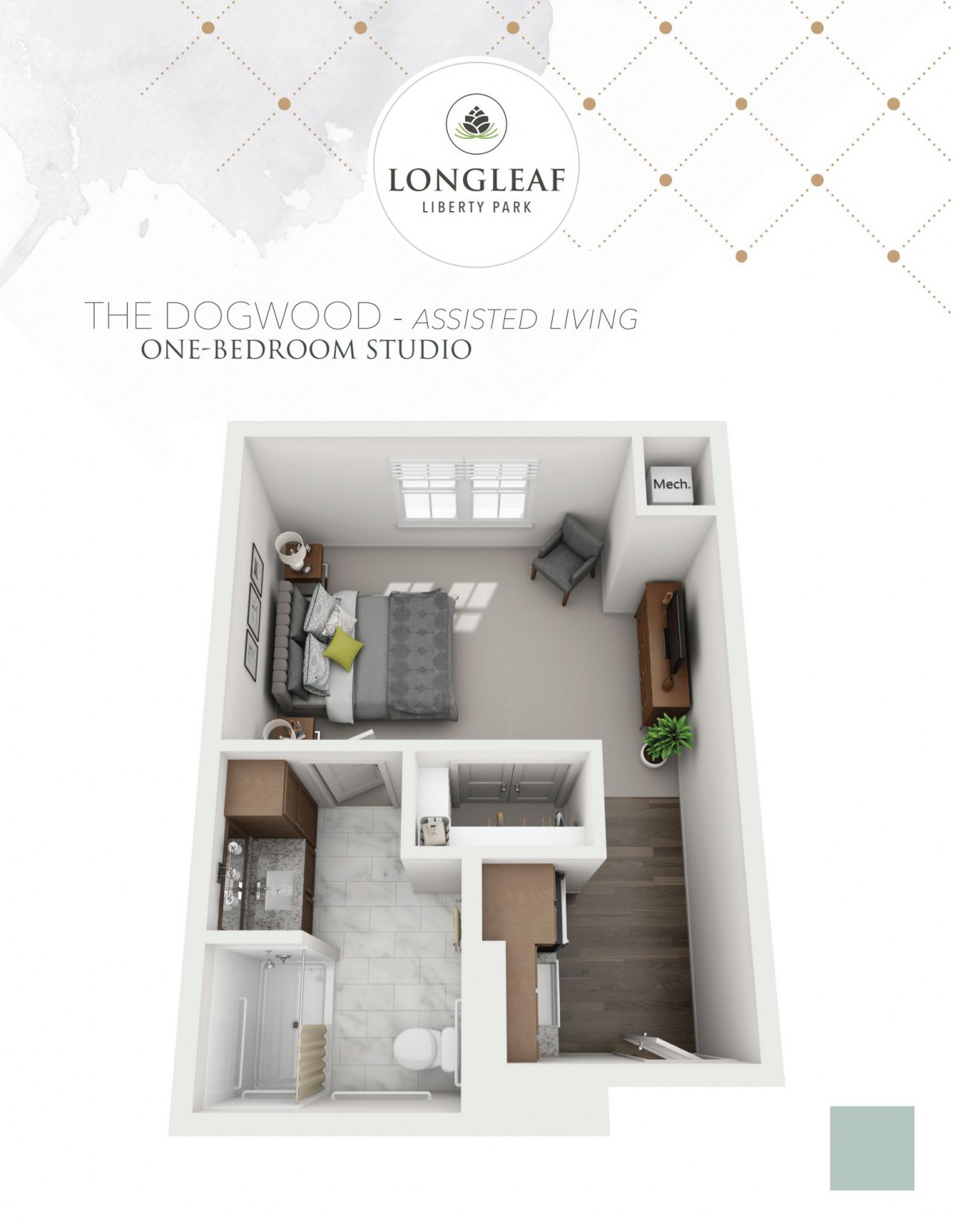3D floor plan of a one-bedroom studio apartment at Longleaf Apartments.