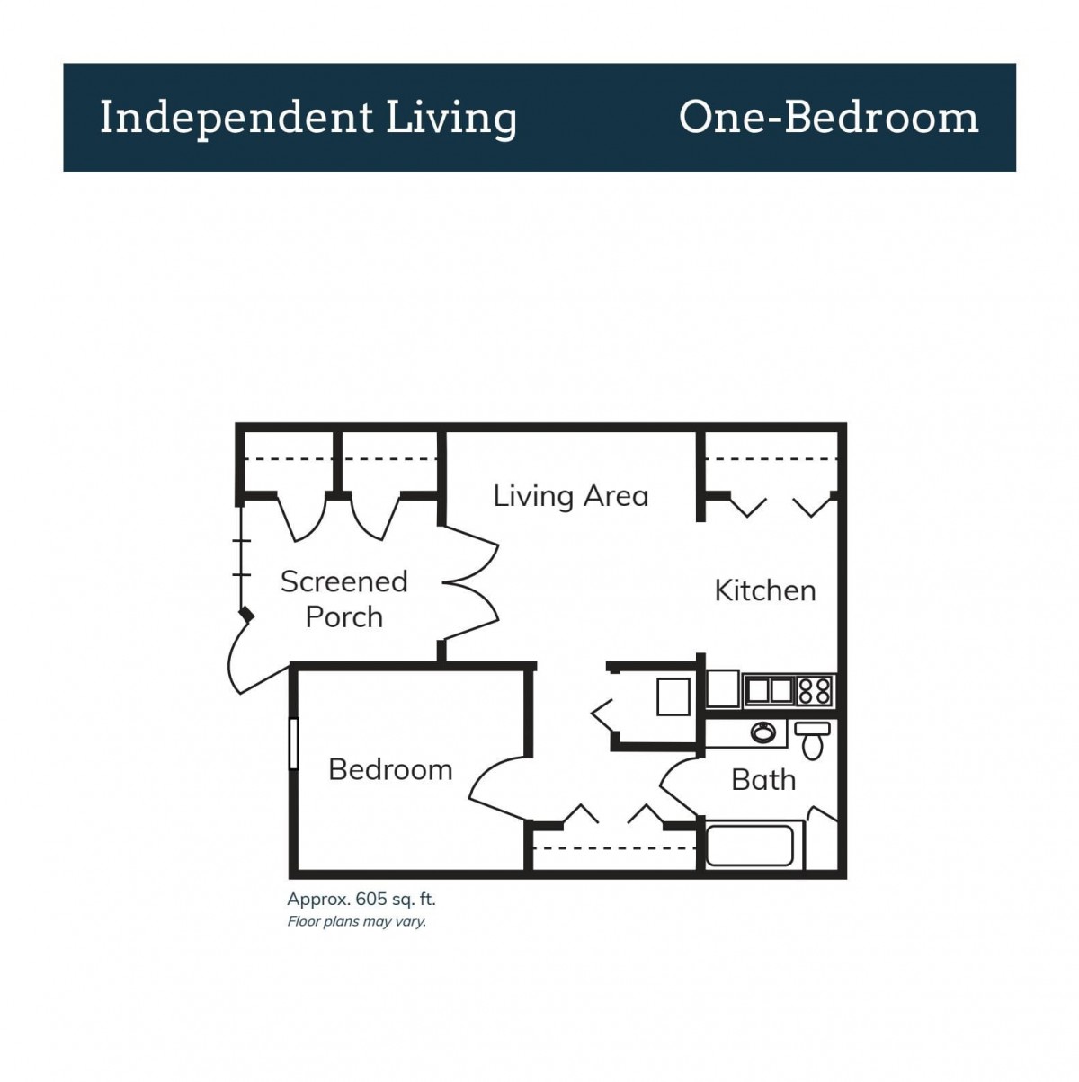 A floor plan for an independent living one-bedroom apartment.
