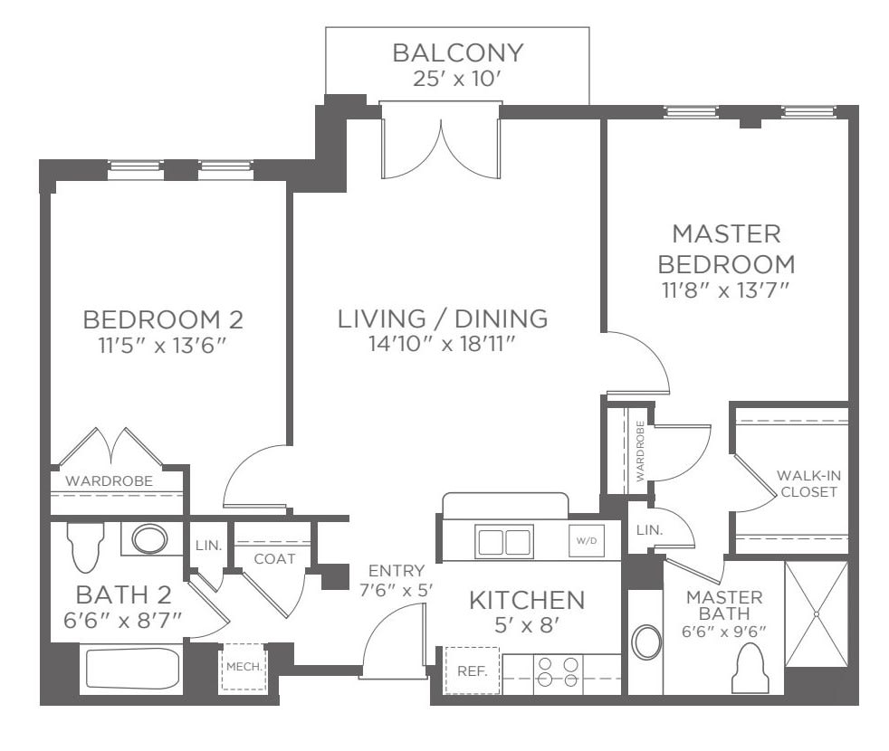 A floor plan of a two-bedroom, two-bathroom apartment featuring a balcony and open living/dining area.