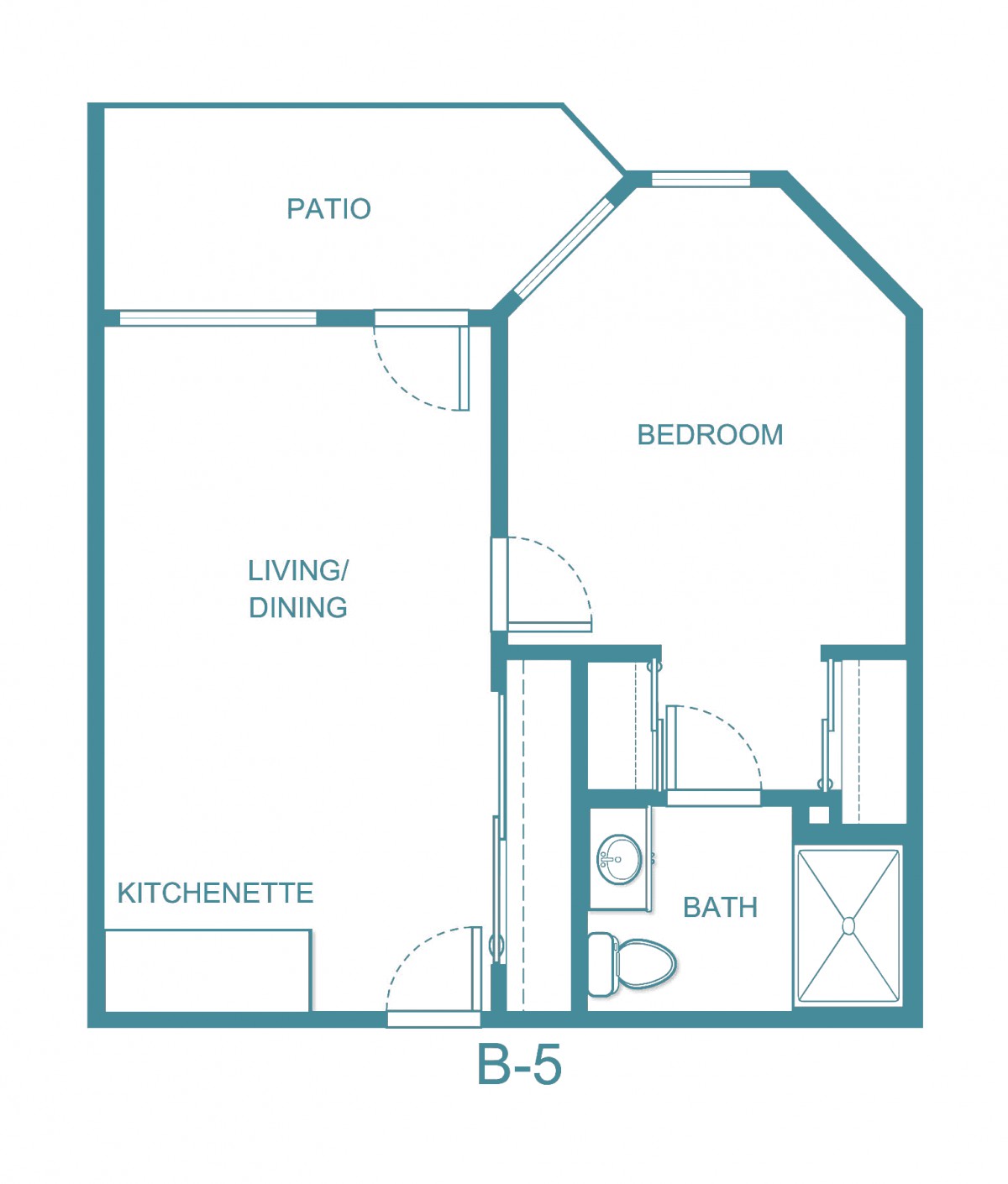Blueprint of a one-bedroom apartment featuring a living/dining area, kitchenette, bathroom, bedroom, and patio.