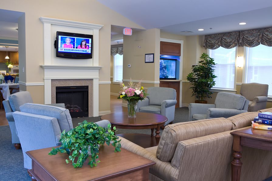 A cozy living room with a fireplace and a television, featuring comfortable seating and decorative plants.