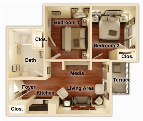 A floor plan of an apartment featuring two bedrooms, a bathroom, kitchen, living area, media space, foyer, and terrace.