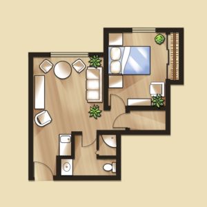 A compact apartment floor plan featuring a bedroom, living room, and bathroom.