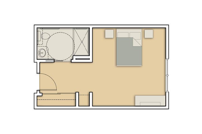 A compact studio apartment floor plan featuring a bathroom, sleeping area, and living space.