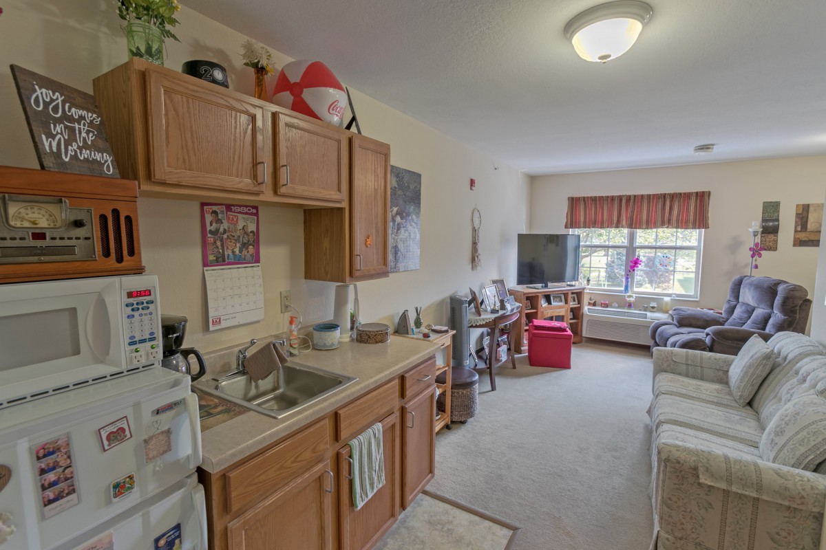 A cozy apartment with a compact kitchen and adjoining living room area.