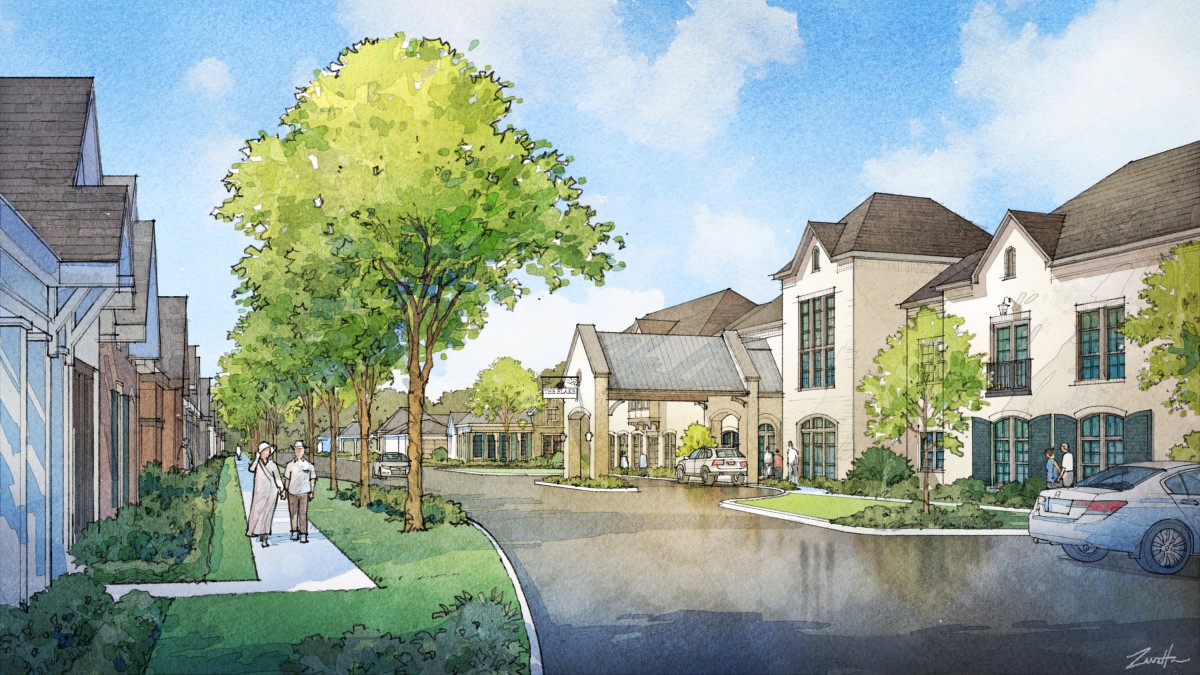 An architectural illustration of a building with a landscaped area, featuring trees and a clear sky.
