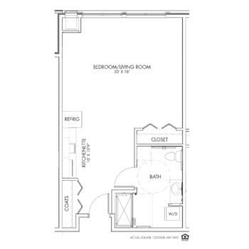 A detailed floor plan of a studio apartment layout.