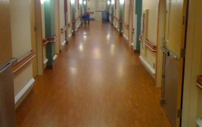 A well-lit hospital corridor with handrails and wooden flooring.