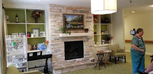 Cozy living room featuring a stone fireplace and vibrant green accents.
