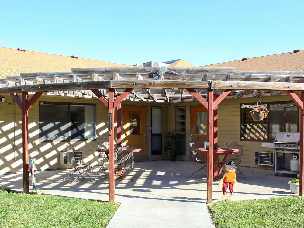 A sunny day in the backyard featuring a house with a pergola and a child playing.