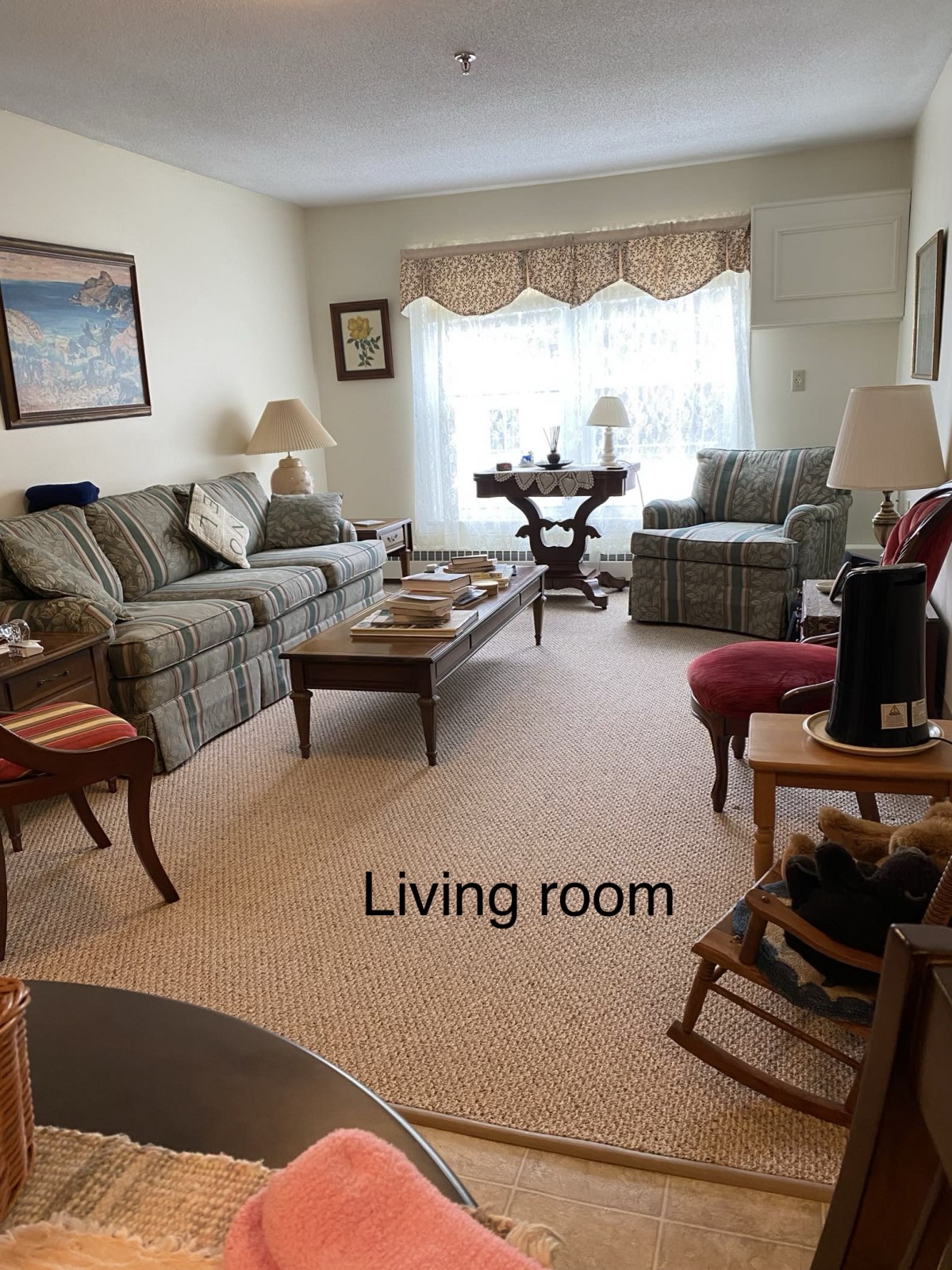 A cozy living room with comfortable seating, a coffee table, and decorative lighting.