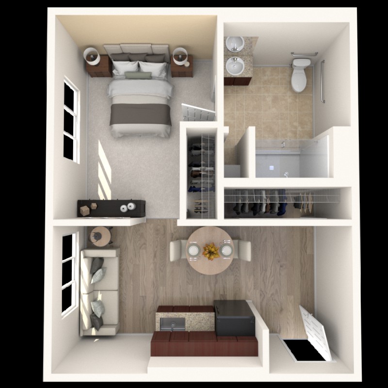 A compact one-bedroom apartment floor plan featuring a living area, kitchen, bathroom, and bedroom.