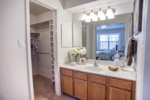A well-lit bathroom with a vanity and mirror, adjacent to a walk-in closet.