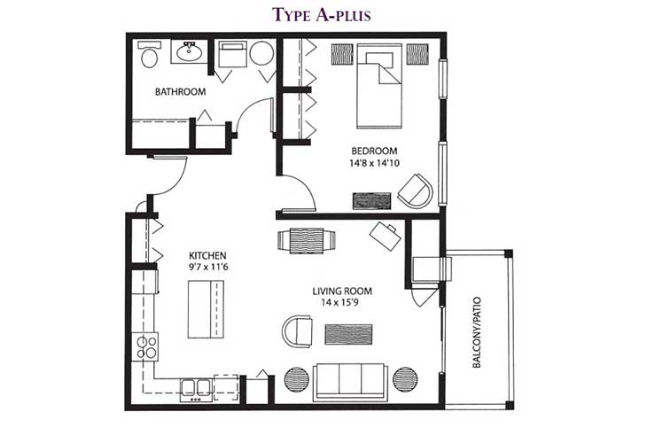 A floor plan of a Type A apartment featuring one bedroom, a living room, kitchen, bathroom, and balcony.