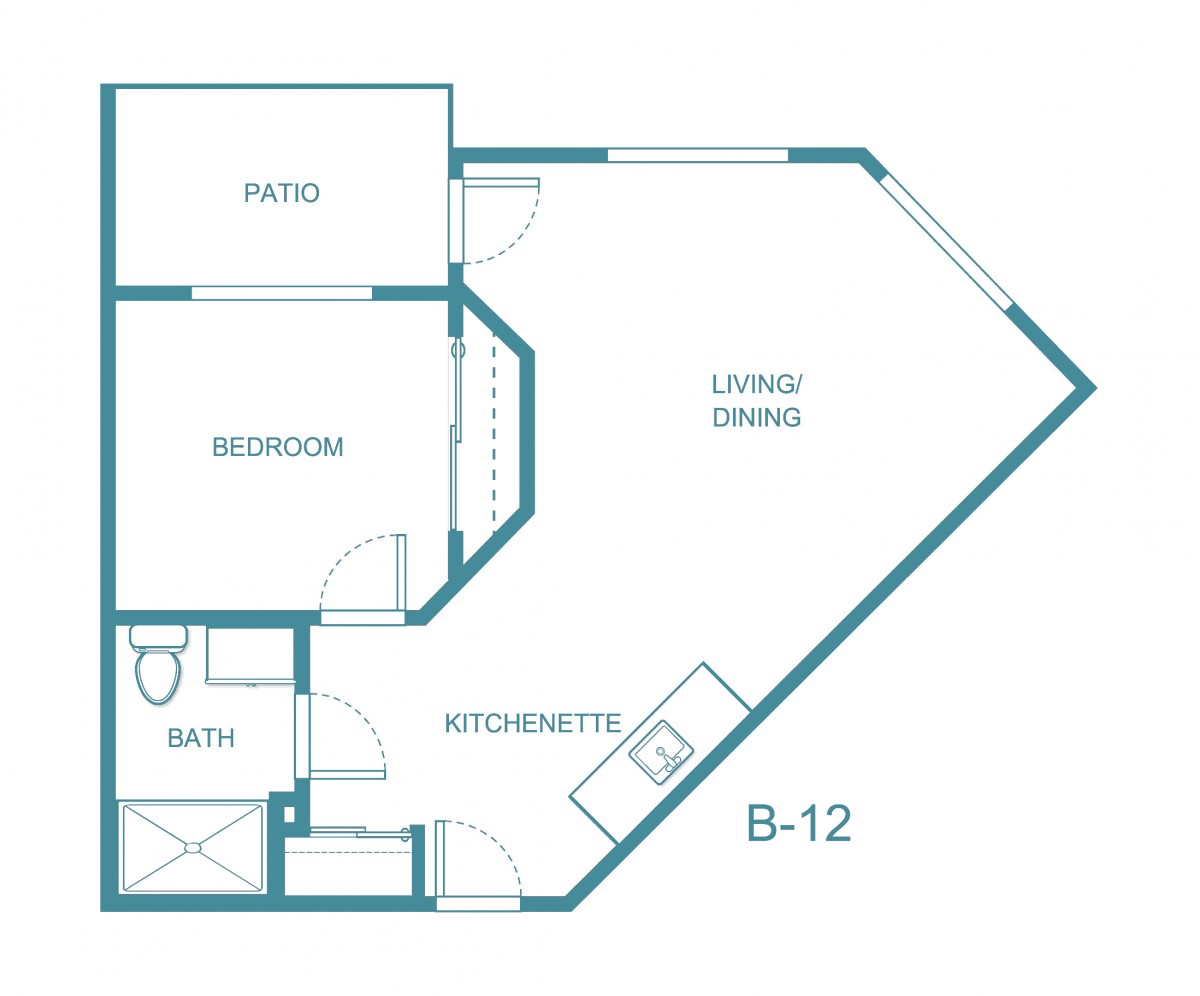 A floor plan of a one-bedroom apartment including a living area, kitchenette, bathroom, and patio.