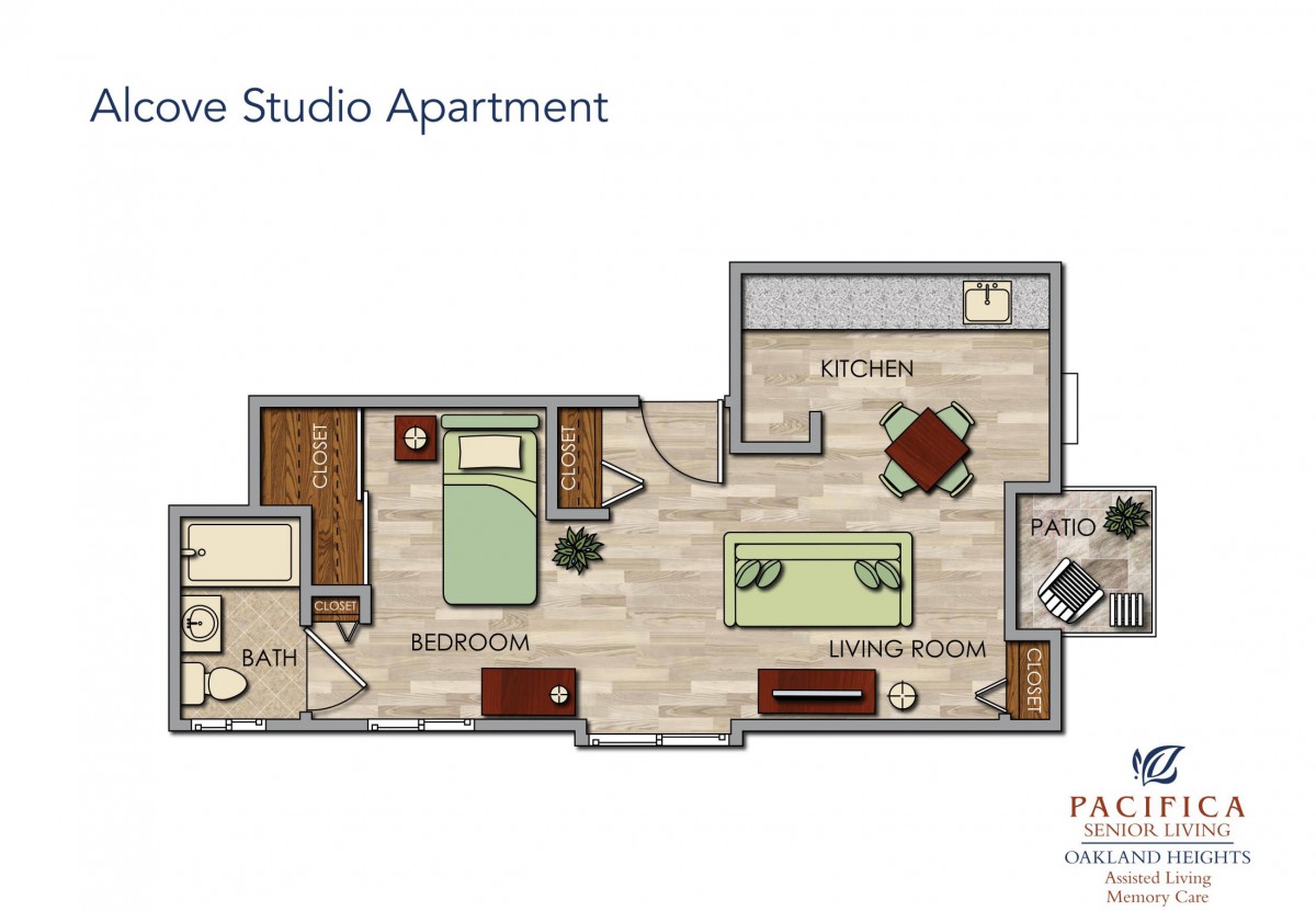 A floor plan of a studio apartment showing the layout of living space, bedroom, kitchen, and bathroom areas.