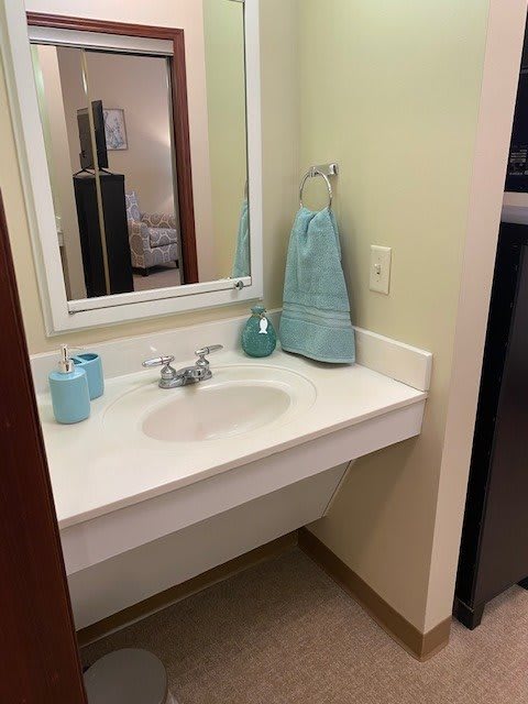 A clean and organized bathroom sink area with a mirror, towel, and soap dispenser.