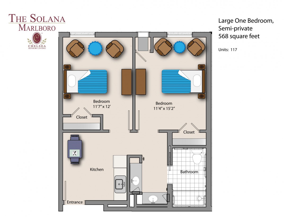 A detailed floor plan of a large one-bedroom apartment with separate living, sleeping, and kitchen areas.