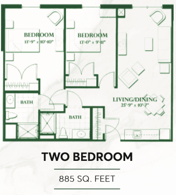 This image shows a floor plan for a two-bedroom apartment with an area of 885 square feet.