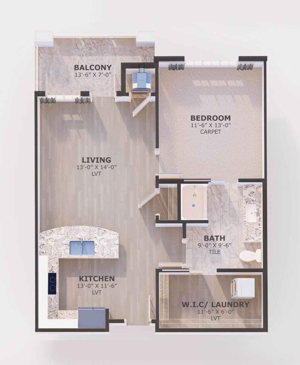 Detailed floor plan of a one-bedroom apartment with labeled areas.