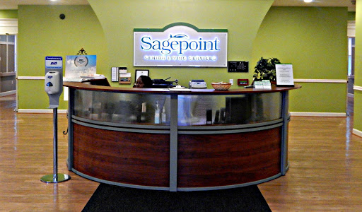 The reception area of Sagepoint, showcasing a modern and inviting design.