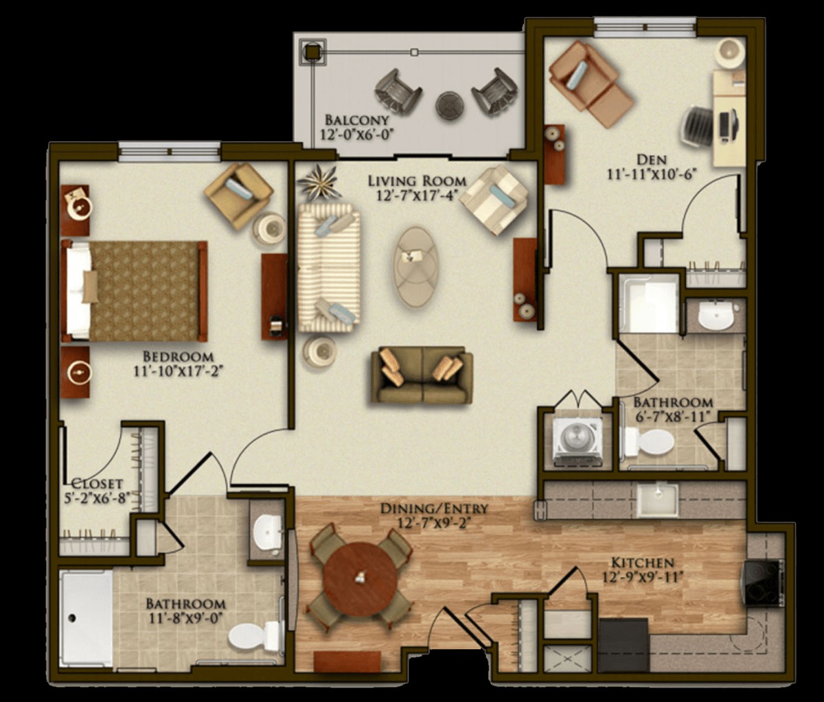 A detailed floor plan of a two-bedroom apartment featuring a living room, kitchen, dining area, and bathrooms.