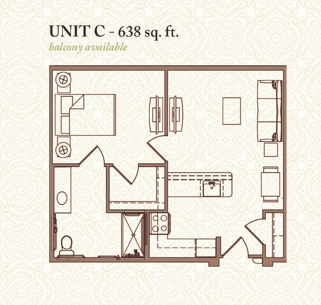 Unit C floor plan with a total area of 638 square feet.