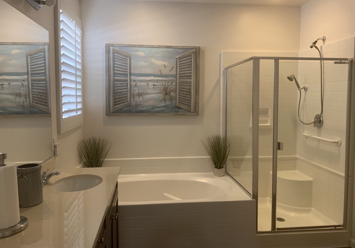 A modern bathroom with a bathtub, shower, and stylish decor.