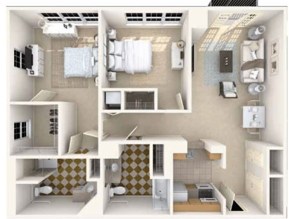 A 3D-rendered floor plan showcasing the layout of an apartment with multiple rooms.