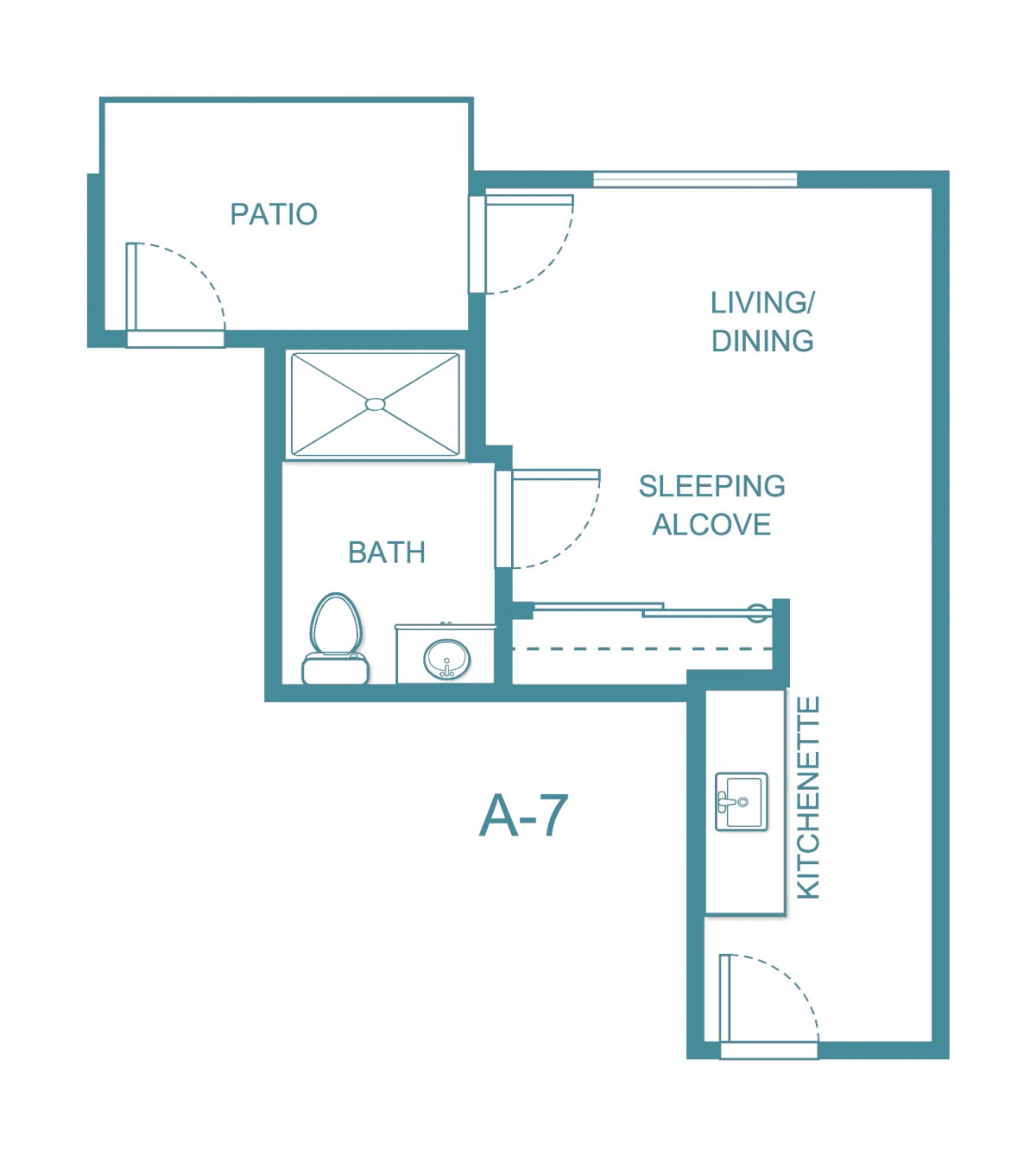 Studio apartment floor plan with living/dining area, sleeping alcove, kitchenette, bathroom, and patio.