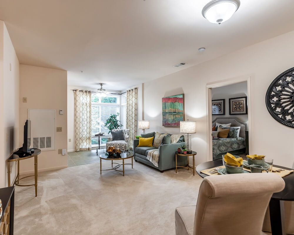 A cozy and well-lit living room with modern furnishings and decor.