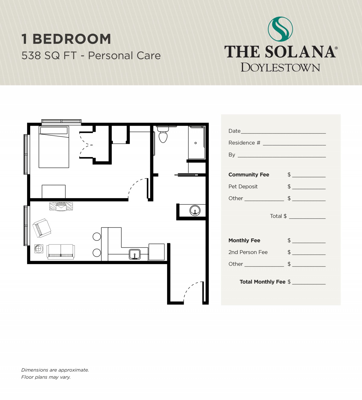 A floor plan of a 1-bedroom unit at The Solana Doylestown, featuring room dimensions and layout details.