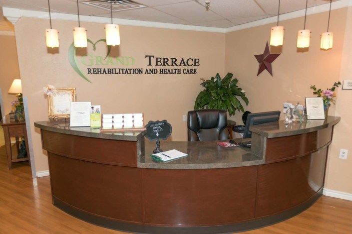 A welcoming reception area at a rehabilitation and senior care facility.