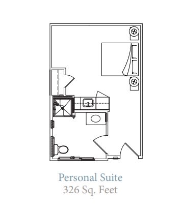 Floor plan of a personal suite measuring 326 square feet.