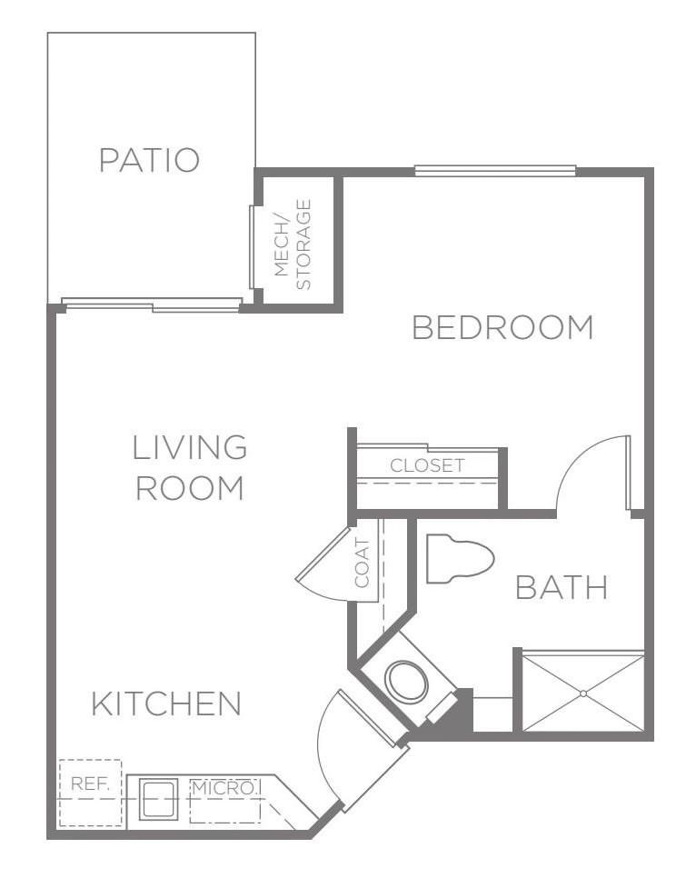 A floor plan of a one-bedroom apartment with a living room, kitchen, bathroom, and patio.