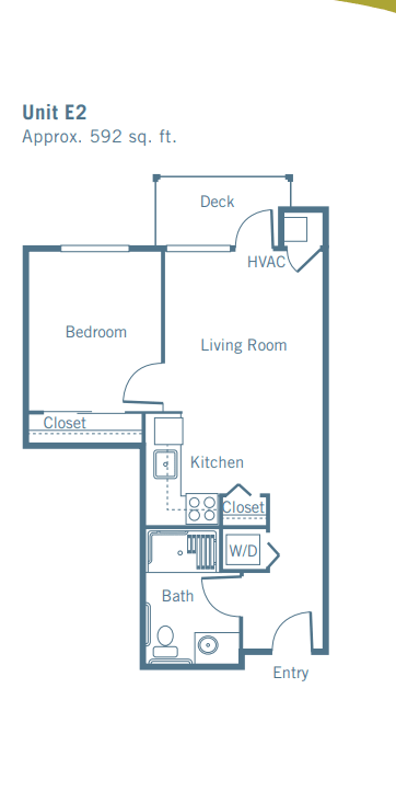 Floor plan of a one-bedroom apartment featuring a living room, kitchen, bathroom, and deck.