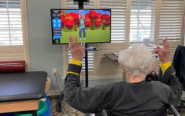 An elderly person engaging in a virtual exercise game using a TV screen.
