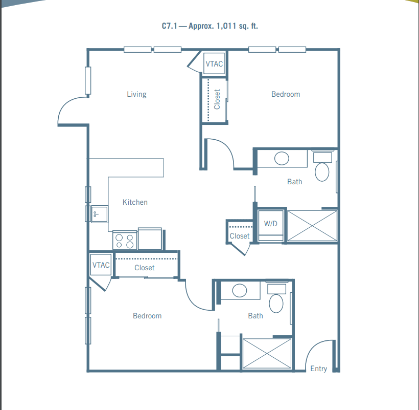 A floor plan of a two-bedroom, two-bathroom apartment with a kitchen, living room, and dining area.