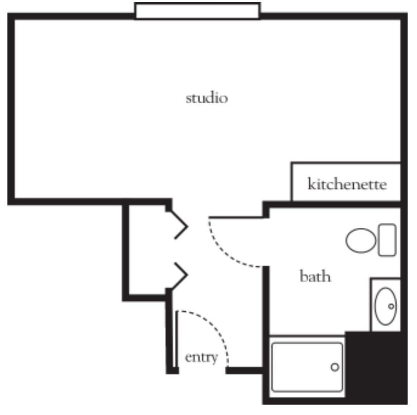 A floor plan of a studio apartment featuring a kitchenette and bathroom.