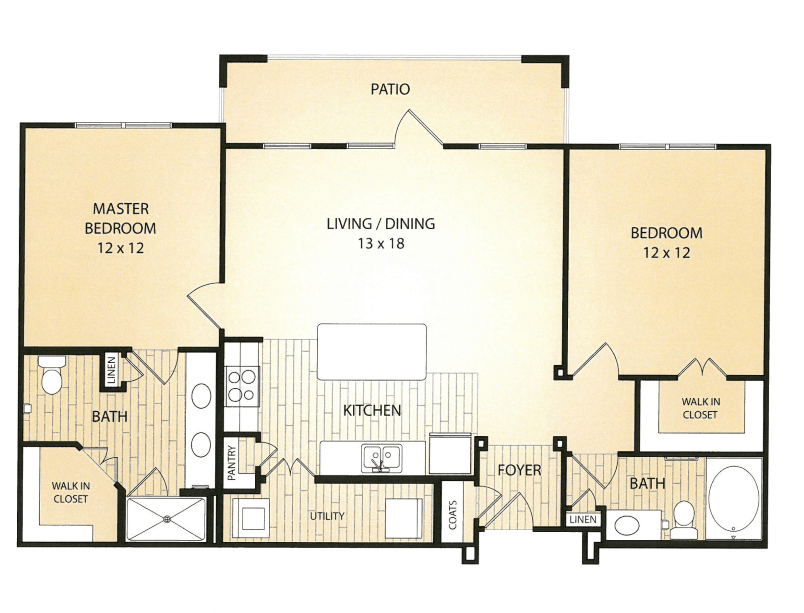 A floor plan of a two-bedroom apartment with a living/dining area, kitchen, bathrooms, and patio.