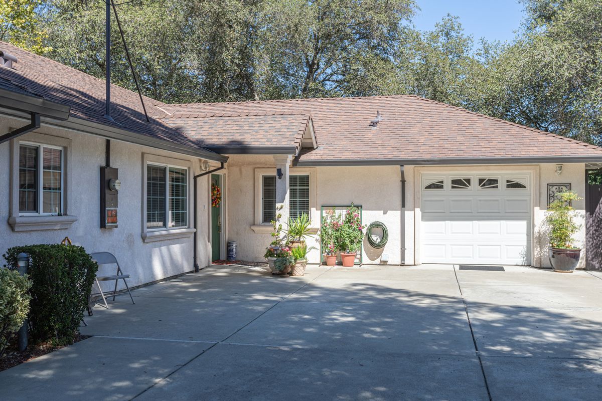 A single-story house with an attached garage and a spacious driveway surrounded by trees and plants.