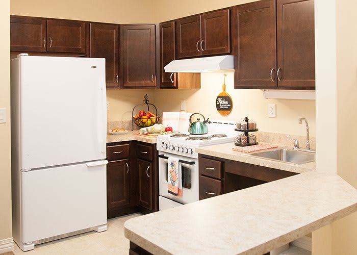 A modern kitchen with dark wood cabinets, a white fridge, and an oven featuring a cozy and inviting layout.
