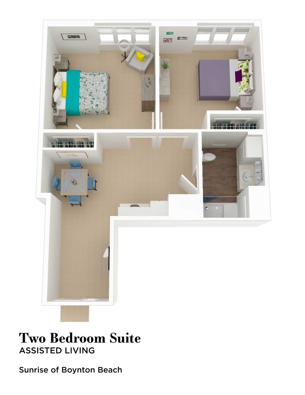A 3D floor plan of a two-bedroom suite with labeled furniture.