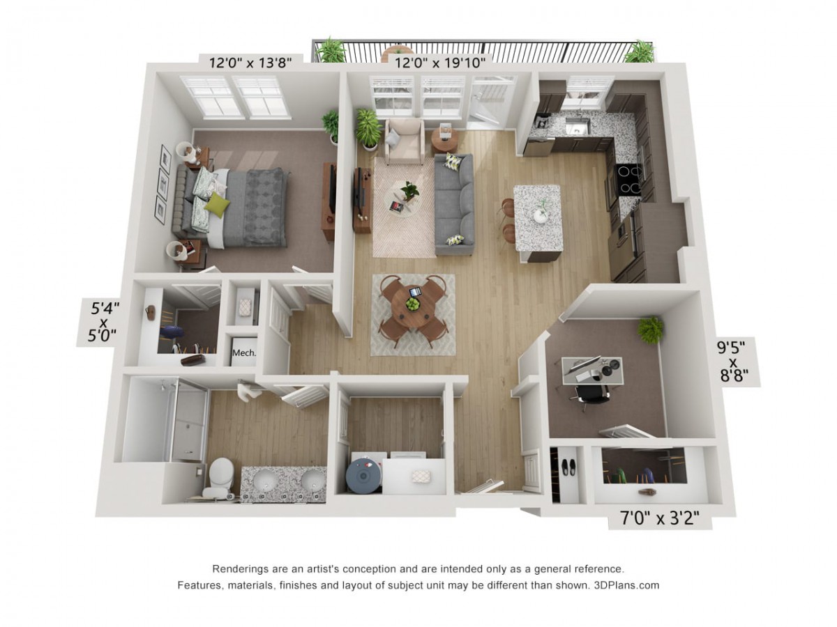 A 3D rendered floor plan of a modern apartment with open living and dining areas.